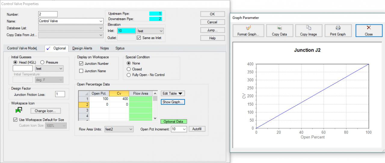 Figure 2: Control Valve Open Percent Valve Properties Window and Corresponding Cv vs. Open Percent Graph