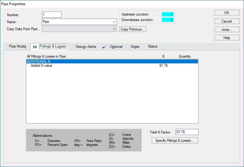 Figure 4: Additional Fittings and Losses tab in Combined Pipe #1