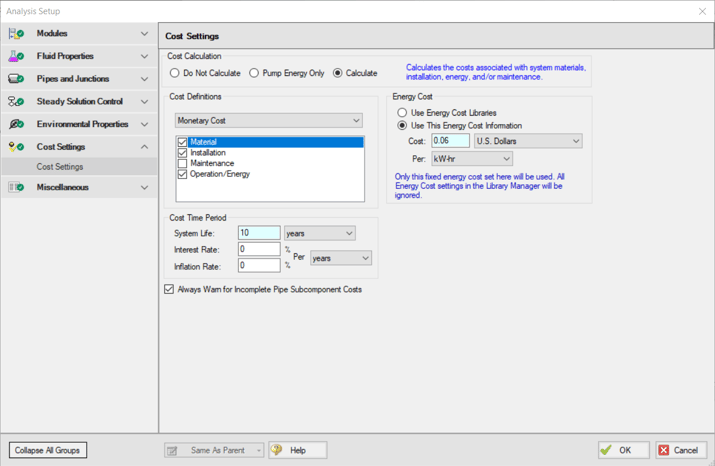 cost settings in the aft analysis set-up window
