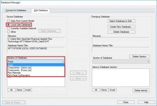 Figure 5 - Local User Database selected as the Source Database. All custom information in the Fluids, Components, and Pipe Materials sections will be transferred.