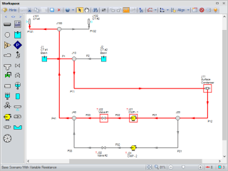 Figure 3 - Pump Trip with Backflow example model with a continuous flow path selected from cooling tower basin to cooling tower spray nozzle.
