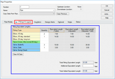 Figure 4 - Equivalent Length option used in the Fittings and Losses tab of the Pipe Properties window.