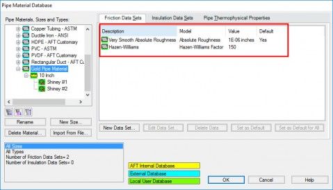 Figure 7 - Multiple Frictional Data Sets available for all nominal sizes and types for Gold Pipe Material.