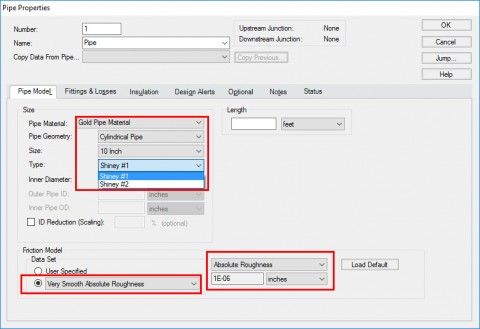 Figure 8 - Newly created custom pipe material accessed from Pipe Material drop-down menu within the Pipe Properties window.