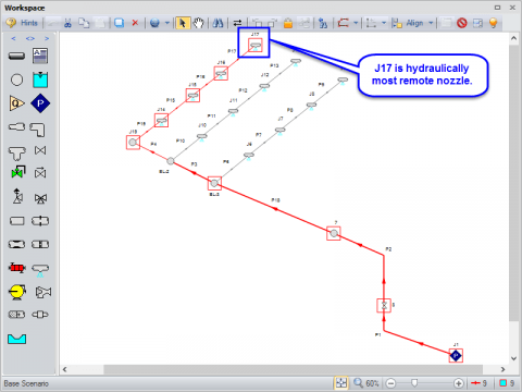 Figure 7 - Continuous flow path selected from supply source to hydraulically most remote spray nozzle. This group will be named as the NFPA group for the NFPA report.