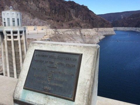 ASCE Plaque for Hoover Dam From 1955 with Intake Structure at Left and Lake Mead Behind the Dam