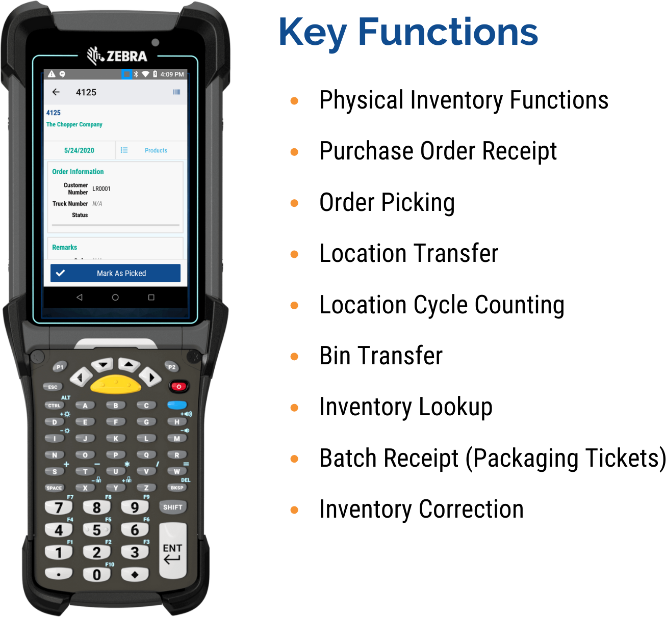 Physical Inventory Functions Purchase Order Receipt Order Picking Location Transfer Location Cycle Counting Bin Transfer Inventory Lookup Batch Receipt (Packaging Tickets) Inventory Correction (1)