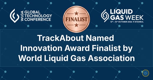 TrackAbout named WLGA Innovation Award Finalist, shown with a bronze Finalist medal and Liquid Gas Week 2026 branding