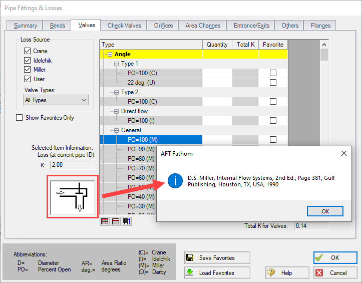 List of Fittings & Losses, showing how double clicking on the picture graphic displays the reference information