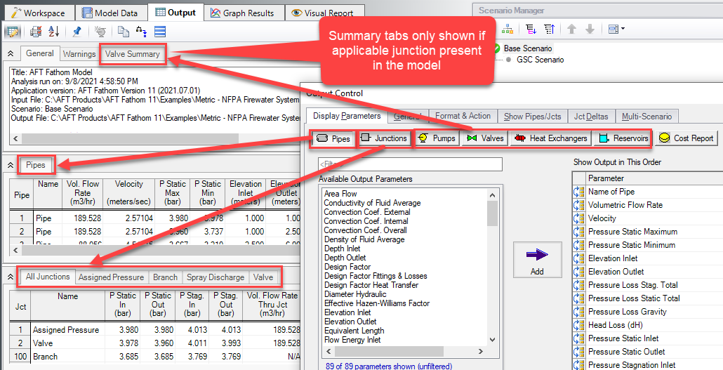 AFT Fathom Output Control window with arrows showing which buttons control which sections of the Output window