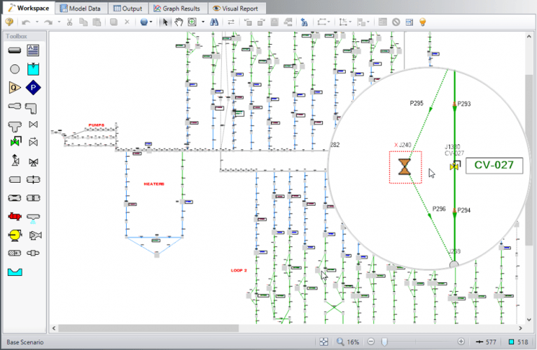 Workspace magnifier tool in AFT Fathom 11 zooming in on a control valve.