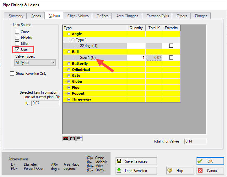Filtering the list of Fittings & Losses by the User source