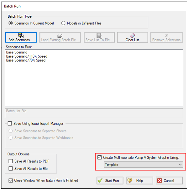 Batch Run window listing our three scenarios of interest (Base, 110%, 70%). Also shows checkbox for 