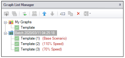 Graph List Manager showing batch-run generated folder named with timestamp and graphs for each batch-run scenario.