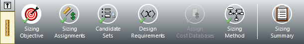 ANS module Sizing Navigation Panel in Sizing Window. Gives access to Sizing Objective, Sizing Assignments, Candidate Sets, Design Requirements, and Sizing Method panels.