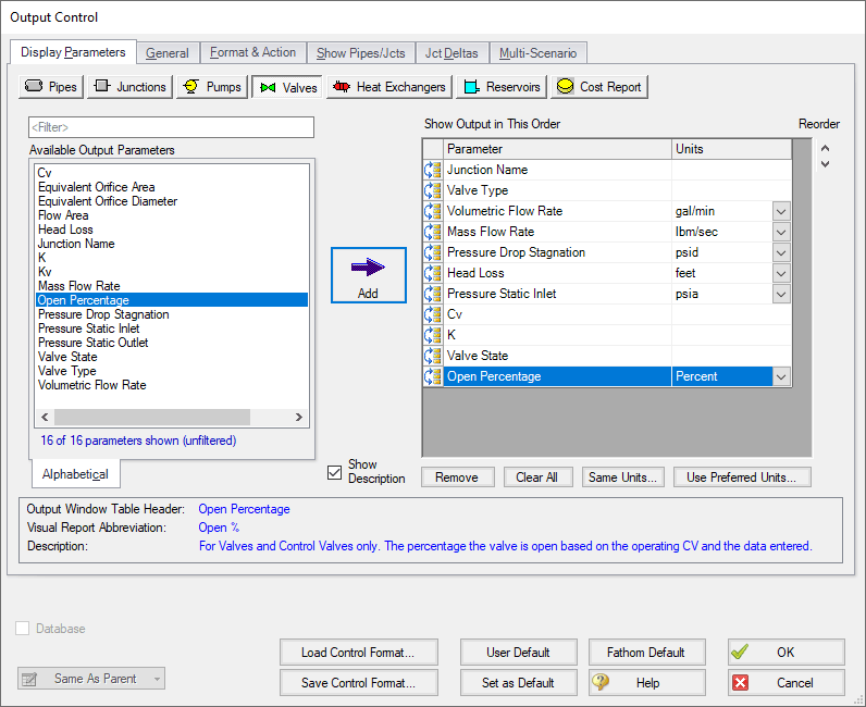 Output Control window, highlighting the Open Percentage as an available output parameter for Valves.