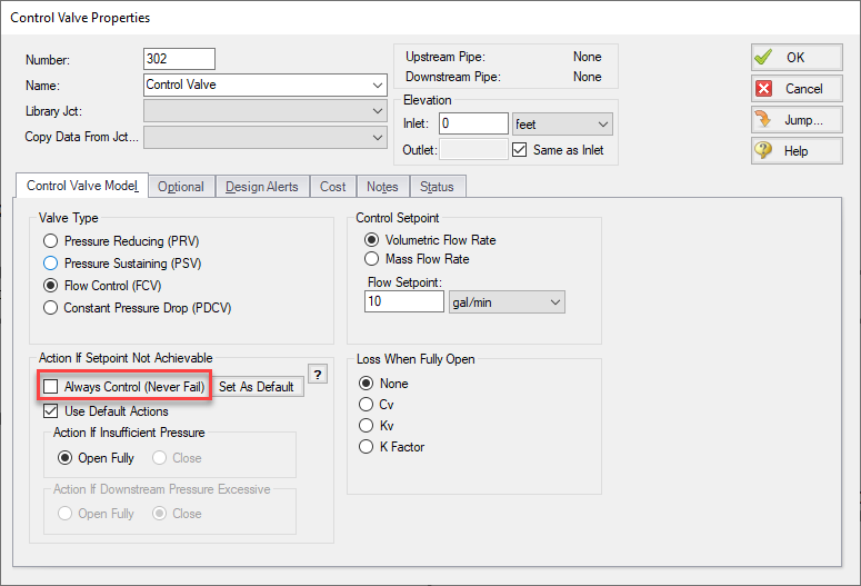 Control Valve Properties window in AFT Fathom with Always Control checkbox highlighted