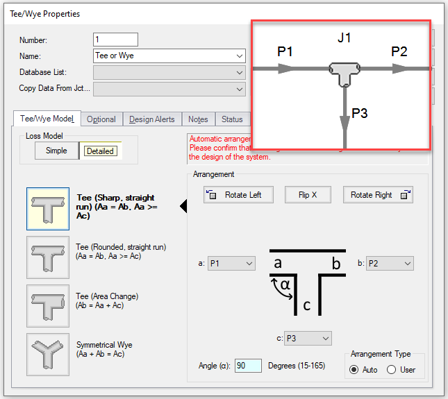 Tee/Wye Properties window in AFT Fathom with the Loss Model set to Detailed