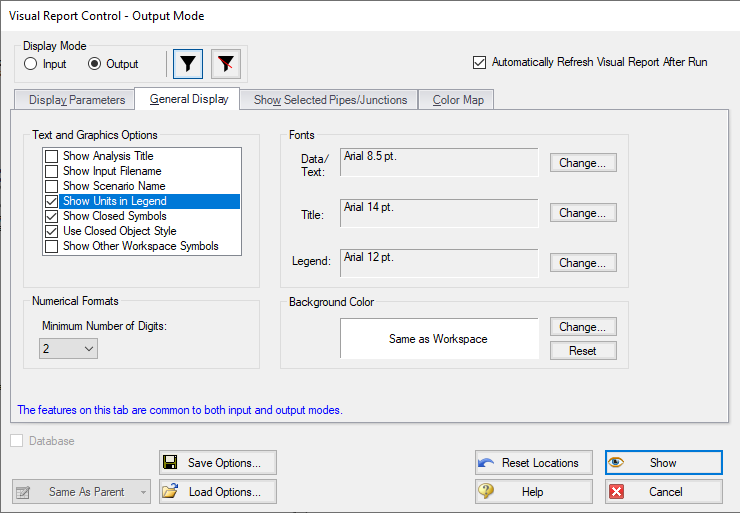 Visual Report Control window in AFT Fathom showing the General Display tab selected