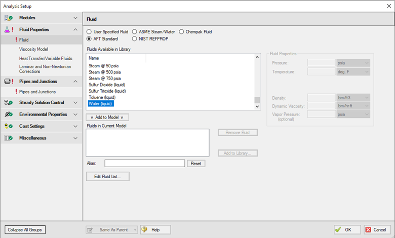 Analysis Setup window showing Fluid Properties in AFT Fathom 12