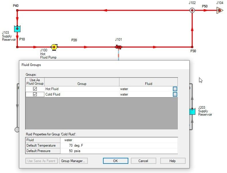 Figure 4. Fluid Groups window. Hot Fluid/Cold Fluid.