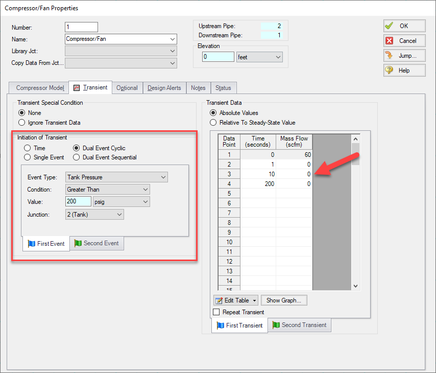 An image showing the maximum pressure set-up in the transient tab of the Compressor Properties window.
