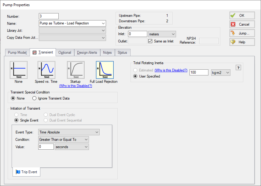 Pump Properties transient definition for a Pump as Turbine