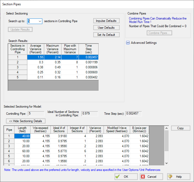 Search results and sectioning details for the example model when pipe lengths are multiples of 10 feet.