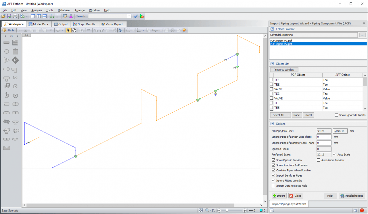 Initial preview of piping system being imported from a .pcf file into the Fathom 10 Workspace