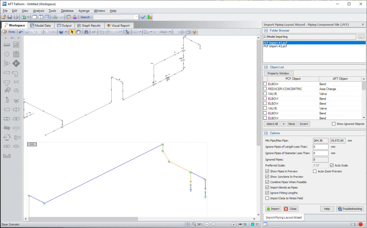 AFT Fathom Workspace with piping layouts being imported from 2 separate pcf files.