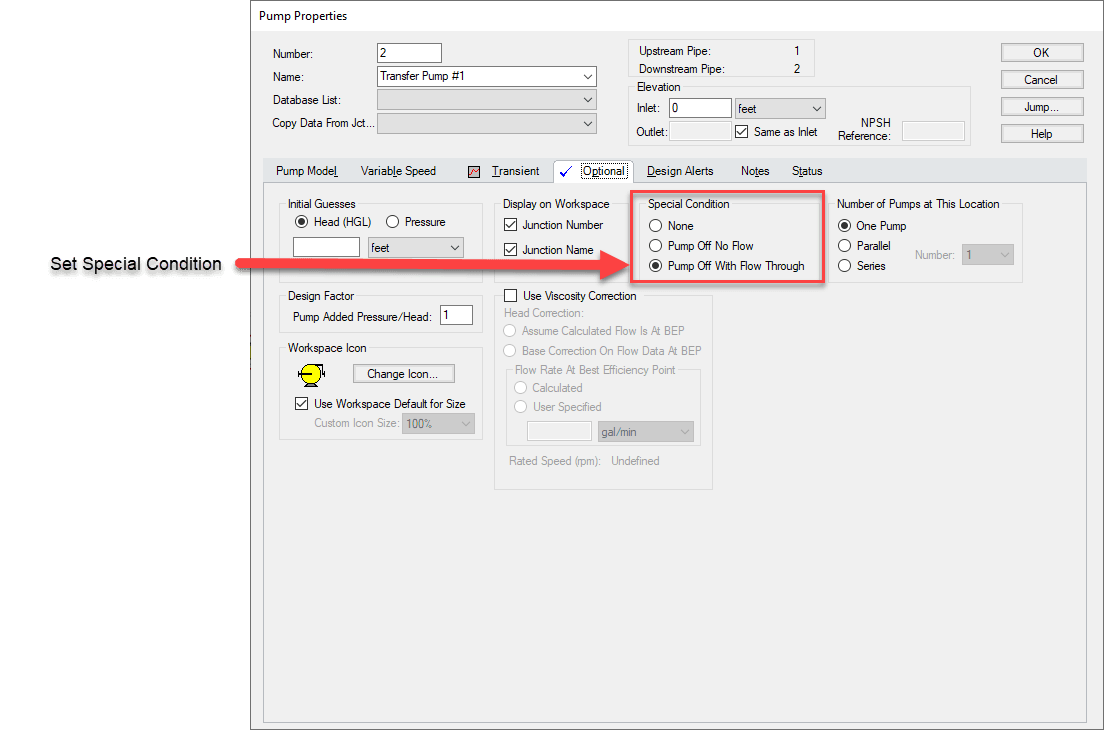 Special Conditions available on the Optional tab of the Pump Properties window, including 