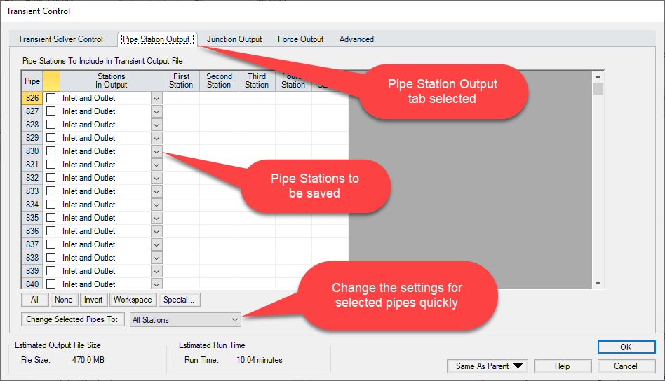 Transient Control property window with callouts for the Pipe Station Output tab, pipe station data being saved, and the section to update what data will be stored.