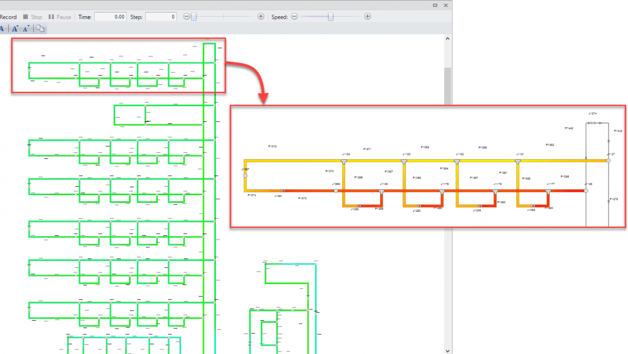 Model in the Visual Report animation window demonstrating the difference in the color scale for animation when all pipes are selected to be included, versus when a smaller section is chosen.