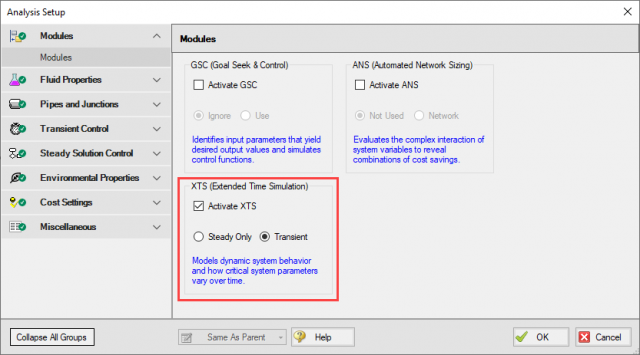 Analysis Setup window showing how to activate the XTS module.
