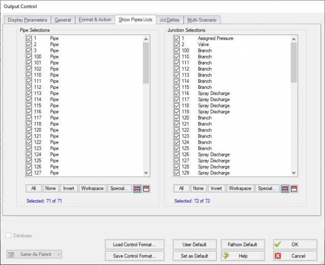 Output Control window in AFT Fathom showing the Show Pipes/Jcts tab selected