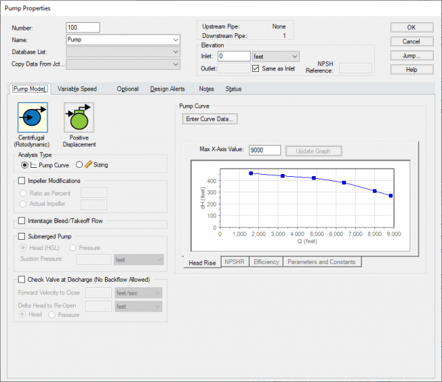 Pump Properties window after importing from EPANET file, with the pump data already input.