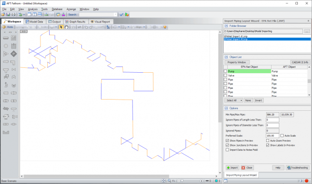 AFT Fathom Workspace with EPANET Import Piping Layout Wizard and model preview.