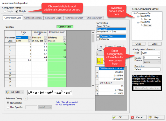 Multiple configurations in the compressor/fan junction properties window in AFT Arrow
