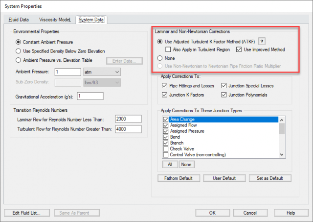 System Properties Window from AFT Fathom showing the System Data tab where the ATKF method settings can be adjusted.