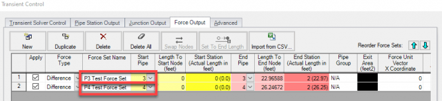 Figure 5: Force Sets defined for the pipes after creating from the workspace