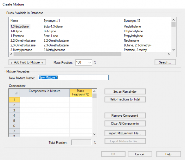 Create New Mixture window for NIST REFPROP Database.