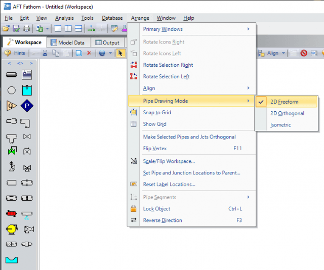 AFT Fathom Arrange menu with the recommended Pipe Drawing Mode settings selected for 2D Freeform, with the Snap to Grid option turned off.
