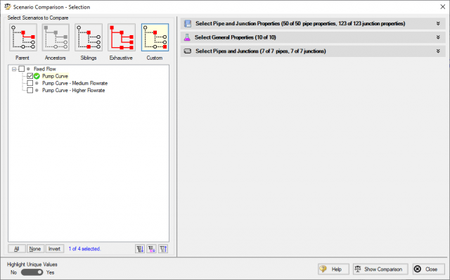 View of the Scenario Comparison - Selection window where users can create their comparison.