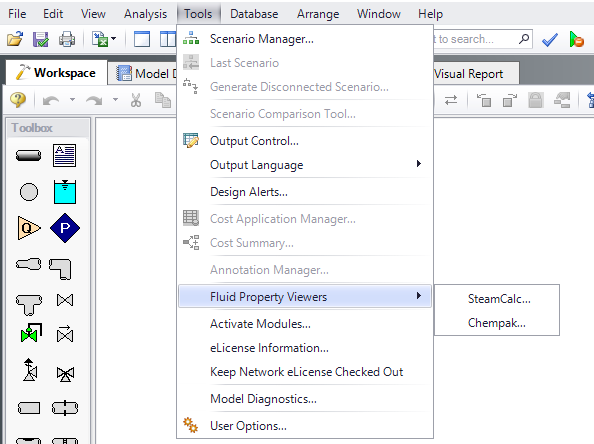 Go to the Tools menu at the top of the application, go to the Fluid Property Viewers item and the options for SteamCalc and Chempak are shown.