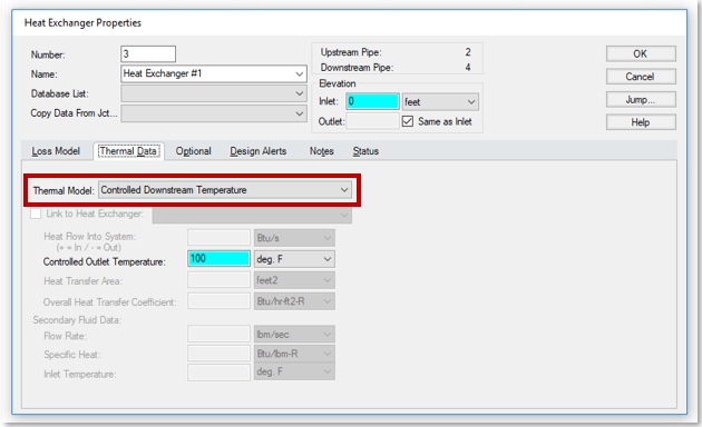Figure 2: Heat Exchanger Thermal Data tab with a Thermal Model specified as Controlled Downstream Temperature
