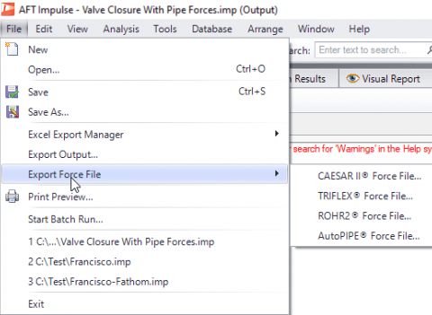 AFT Impulse will generate a force file specifically for the pipe stress program to be used