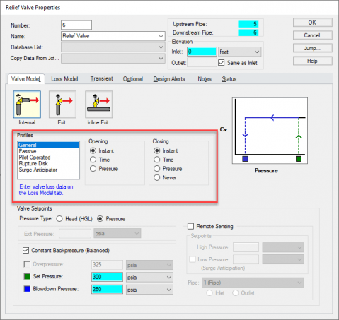 Relief Valve Properties window from AFT Impulse showing the Valve Model tab where the settings guiding relief valve design can be detailed and adjusted. The types of valve properties are highlighted in the image.
