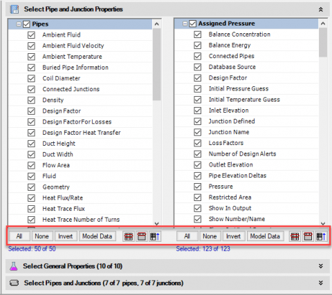 View of the list of available pipe and junction properties.