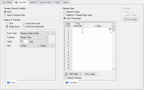 Transient tab in the Valve Properties window with a Single Event defined to close the valve based on pipe pressure.