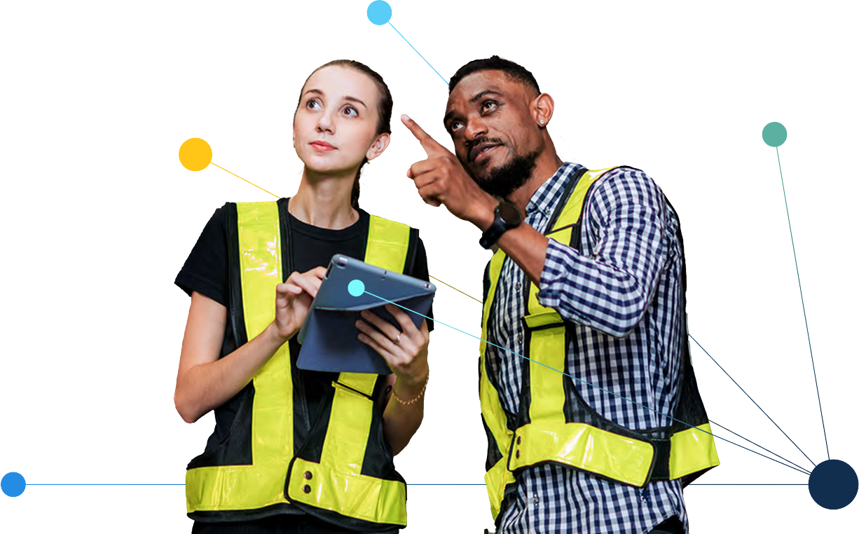 Two people in safety vests with line art behind them